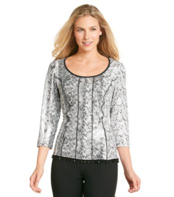 MSK® Floral Printed Beaded-Trim Top