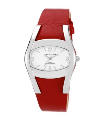Anne Klein® Silver Oval Case with Red Leather Strap Watch