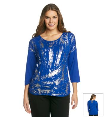 Laura Ashley® Plus Size Brazilian Blue Metallic Brush Stroke Top
