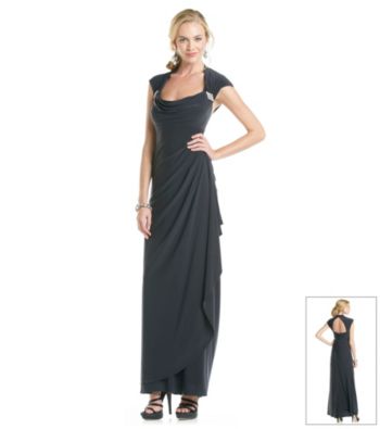 Xscape Drape-Front Open Back Gown