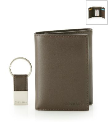 Calvin Klein Men's Brown Trifold Wallet with Key Fob