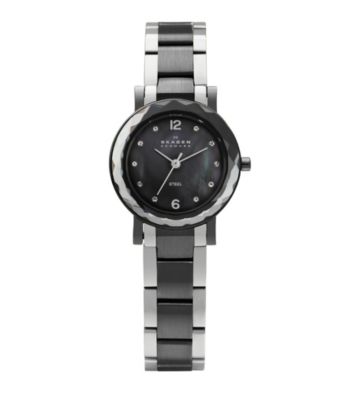 Skagen Denmark Silver and Charcoal Women's Silver and Charcoal Link Watch with Faceted Bezel