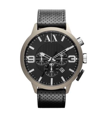 A|X Armani Exchange Black/Tan Men's Black Leather Watch with Tan Coated Case