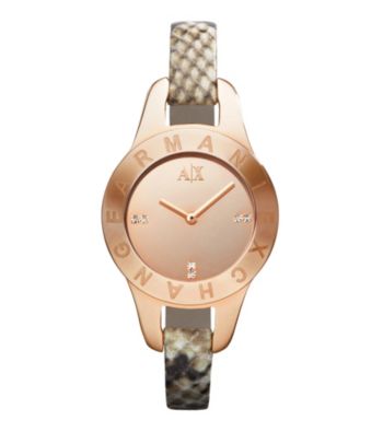 A|X Armani Exchange Brown Women's Brown Python Printed Strap Watch with Rose Gold Case and Mirror Dial