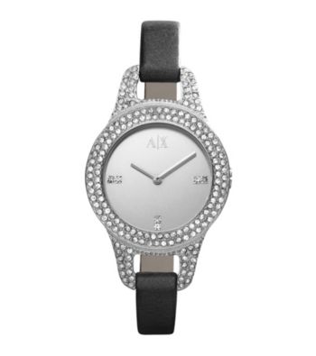 A|X Armani Exchange Black Women's Black Leather Strap Watch with Mirror Dial and Glitz Encrusted Case