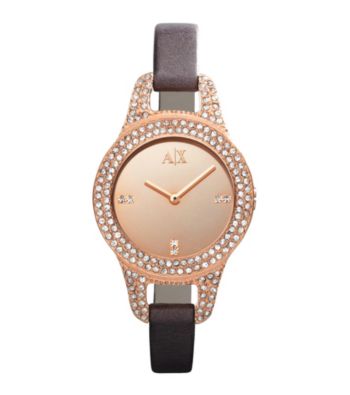 A|X Armani Exchange Brown Women's Brown Leather Strap Watch with Mirror Dial and Glitz Encrusted Case