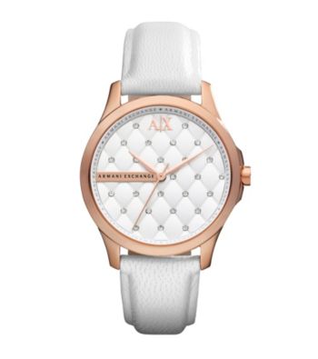 A|X Armani Exchange Women's White Leather Watch and Rose Gold Tone Case with Matte Quilted Dial and Glitz at each Quilt Intersec