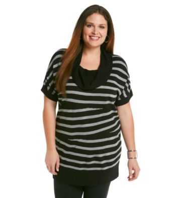 AGB® Plus Size Striped Cowlneck Sweater