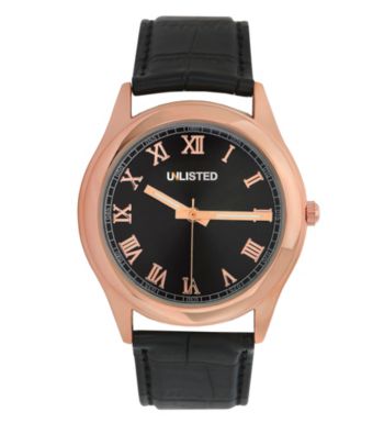Unlisted by Kenneth Cole® Men's Rose Goldtone Case with Rose Goldtone Roman Numerals and Black Strap