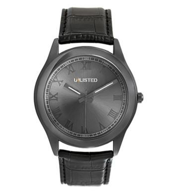 Unlisted by Kenneth Cole® Men's Gunmetal Case with Black Roman Numerals and Black Strap