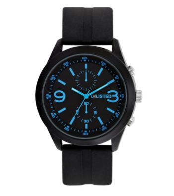 Unlisted by Kenneth Cole® Watch with Black Dial, Blue Indexes and Black Rubber Strap
