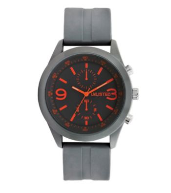 Unlisted by Kenneth Cole® Men's Watch with Grey Dial, Orange Indexes and Grey Rubber Strap