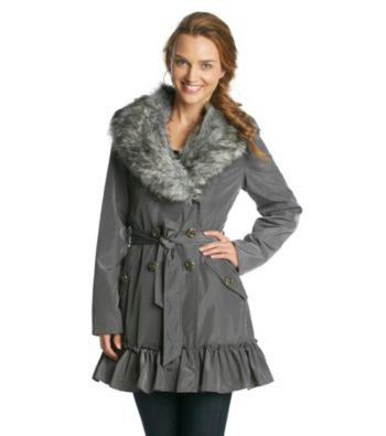 Betsey Johnson® Faux Fur Trimmed Double-Breasted Raincoat