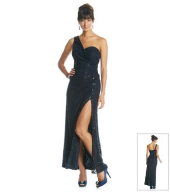 Xscape Long Sequin Crochet One Shoulder Gown