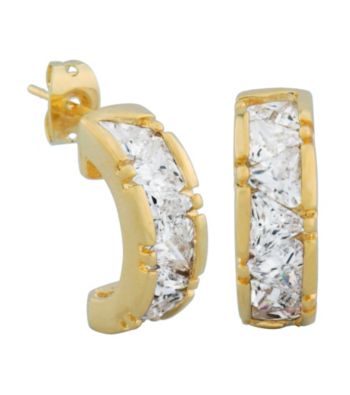 18K Gold Plated Brass Cubic Zirconia J-Hoop Earrings