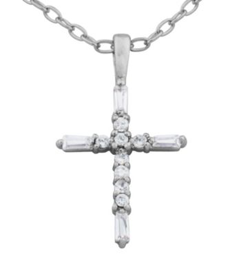 Rhodium Brass Base Cubic Zirconia Cross Pendant Cable Chain