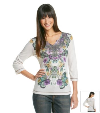 Oneworld® Splitneck Butterfly Print Henley