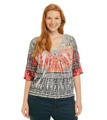 Oneworld® Plus Size Embellished Smocked Hem Top