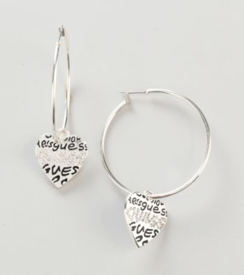 Guess Large Hoop with Grafitti Logo Drop Shiny Silvertone Earrings