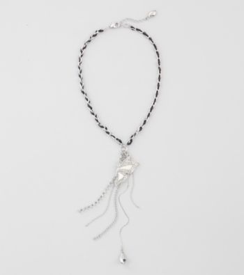 Guess Silvertone Mother of Pearl Butterfly Necklace with Black Woven Ribbon and Imitation Rhodium Crystal Chain