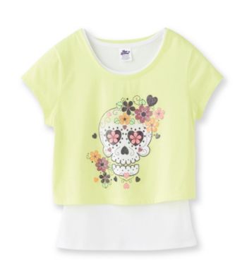 Miss Attitude Girls' 7-16 Neon Yellow Skull Print Pop-Over Top