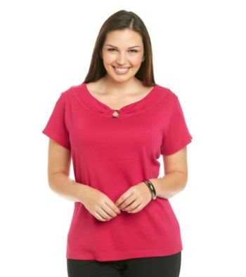 Rafaella Plus Size Scoop Neck Metal Center Ring Short Sleeve 1X1 Knit