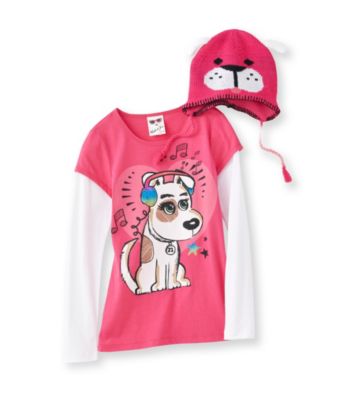 Belle du Jour Girls' 7-16 Pink Long Sleeve Dog Skater Tee with Hat