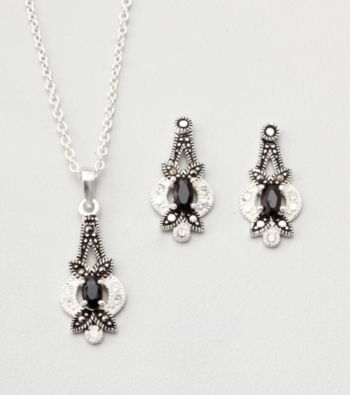 Marsala Boxed Genuine Marcasite and Cubic Zirconia Necklace and Earring Set