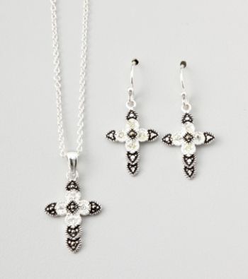 Marsala Boxed Genuine Marcasite and Crystal Cross Necklace and Earring Set