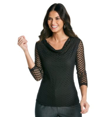 Cable & Gauge® Mesh Dot Drapeneck Top