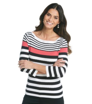 Jeanne Pierre® Stripe Cable Boatneck Sweater