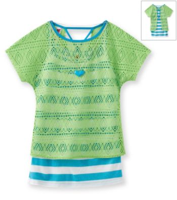 Beautees Girls' 7-16 Neon Green Striped Crochet Popover Top