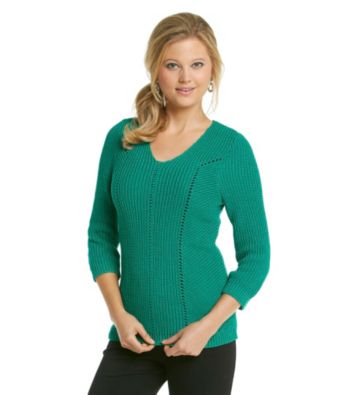 NY Collection V-neck Sweater With Novelty Stitching