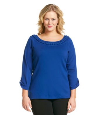 Rafaella Plus Size Roll Sleeve 1X1 Rib Looped Neck Detail Knit Top