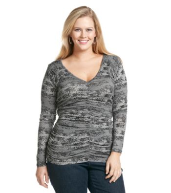 DKNY JEANS Plus Size Long Sleeve Lace Print Ruched V-Neck Top