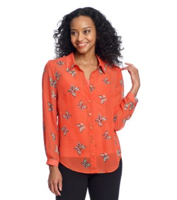 AGB® Petites' Printed Tie Front Sheer Blouse