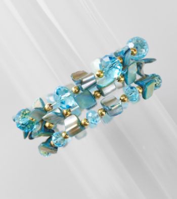 L&J Accessories Three Row Turquoise Blue Shell and Glass Stretch Bracelet