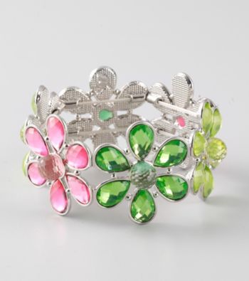 L&J Accessories Green and Pink Flower Glass Stretch Bracelet