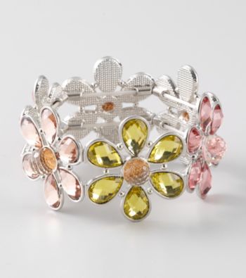 L&J Accessories Green and Pink Flower Glass Stretch Bracelet
