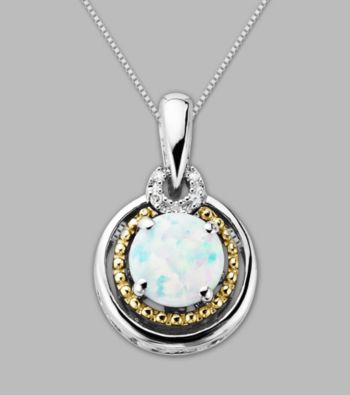14K Gold & Sterling Silver Pendant with Created Opal and Diamond Accent