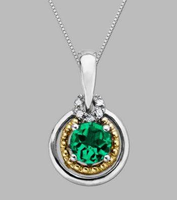 14K Gold & Sterling Silver Pendant with Created Emerald and Diamond Accent