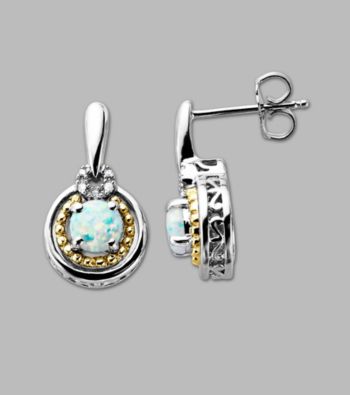 14K Gold & Sterling Silver Earring with Created Opal and Diamond Accent