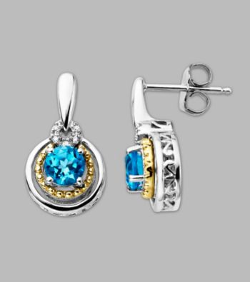 14K Gold & Sterling Silver Earring with Blue Topaz and Diamond Accent
