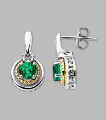 14K Gold & Sterling Silver Earring with Created Emerald and Diamond Accent