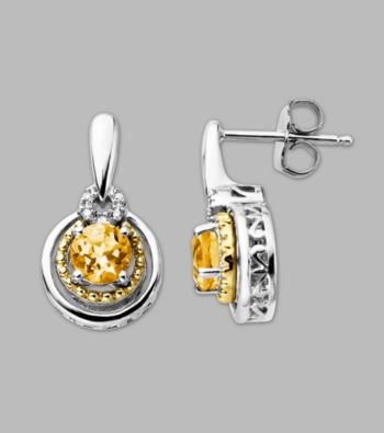 14K Gold & Sterling Silver Earring with Citrine and Diamond Accent