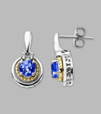 14K Gold & Sterling Silver Earring with Created Sapphire and Diamond Accent
