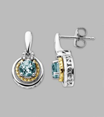 14K Gold & Sterling Silver Earring with Aqua and Diamond Accent
