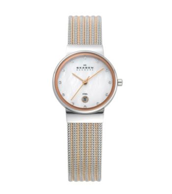 Skagen Denmark Women's Silver and Rose Striped Mesh Watch
