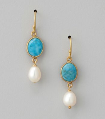 Genuine Turquoise Bezel & Freshwater Pearl Drop Earrings