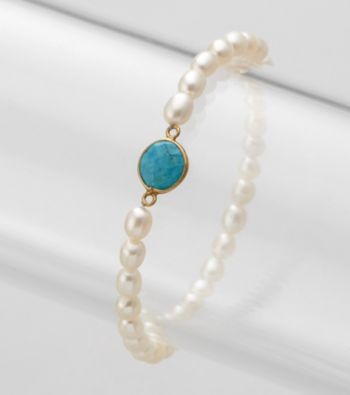 Genuine Turquoise Bezel & Freshwater Pearl Stretch Bracelet